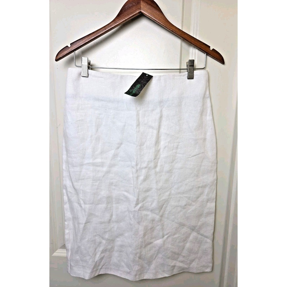 NEW Benetton 100% Linen Skirt White High Waist Pencil Minimalist EU 40 US Size 6
